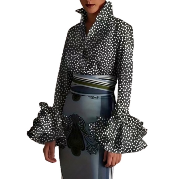 Elegant Layered Ruffle Sleeve Button Up Turn Down Collar Blouse - Picture 6 of 7